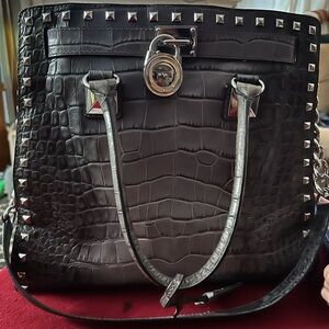 Black Studded Croc-Embossed Tote Bag